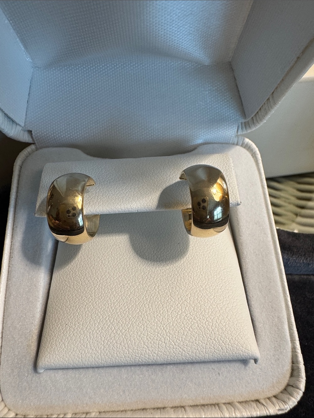 New In Box, Solid 14k Yellow Gold Wide Huggie Style Hoop Earrings.